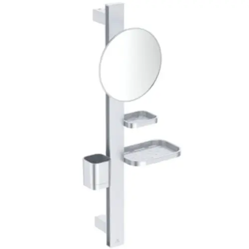 Moderne Wandspiegel mit zwei Ablagen und einem Halter, in elegantem Chrom-Design, ideal für Badezimmeraccessoires und Organisationslösungen.